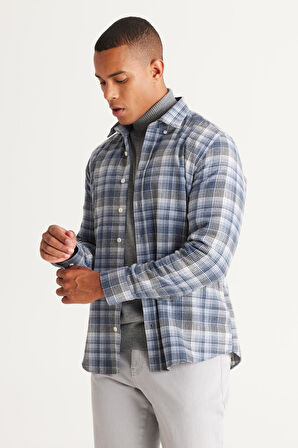 Erkek Mavi-Beyaz Slim Fit Dar Kesim Düğmeli Yaka Pamuklu Ekose Desenli Flanel Oduncu Gömlek