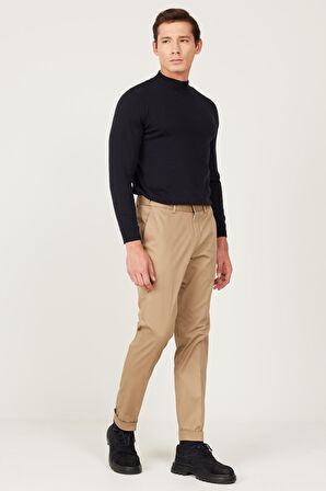 Erkek Camel Slim Fit Dar Kesim Gabardin Kumaş Desenli Pamuklu Esnek Beli Lastikli Pantolon