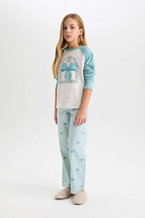 DeFacto Kız Çocuk Pijama Takımı Bisiklet Yaka Baskılı Uzun Kollu Üst Çizgili Uzun Alt D6059A824AUGN1209