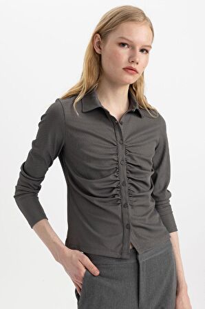 DeFacto Slim Fit Dar Kesim Polo Yaka Basic Düz Fitilli Kaşkorse Uzun Kollu Tişört C1326AX24SPGR452