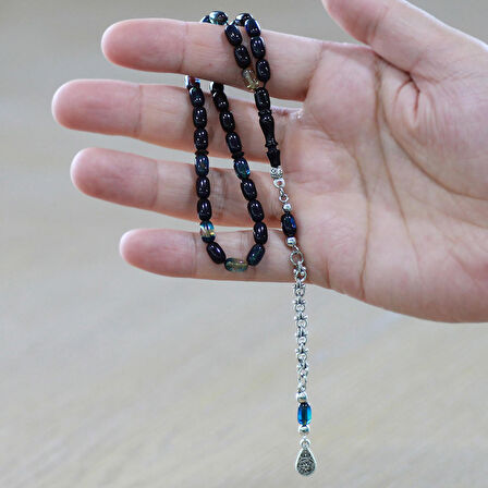 Kararmaz Metal Arnavut Püsküllü Kapsül Kesim Koyu Mavi-Beyaz Bilek Boy Ateş Kehribar Tesbih