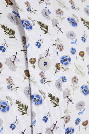 Beyaz Slim Fit Çiçek Desenli Gömlek | S
