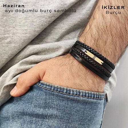 Yazın Enerjisi, Siyah Deri Örgülü ve 14 Ayar Altın Kaplamalı Dikdörtgen Motifli Haziran Bilekliği