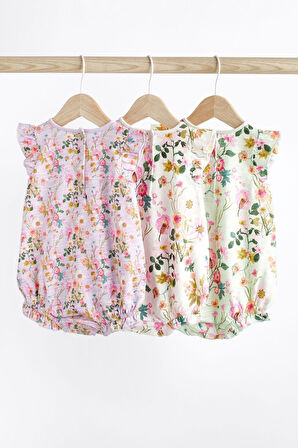 Next Baby % 100 Pamuklu Leylak Moru Çiçek Desenli 3’lü Romper Set