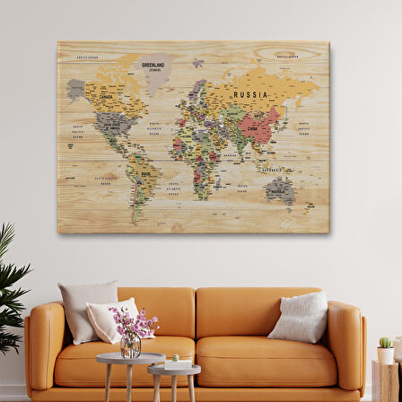 Harita Sepeti Ahşap Görünümlü Dünya Haritası Ayrıntılı ve Dekoratif Kanvas Tablo 1800