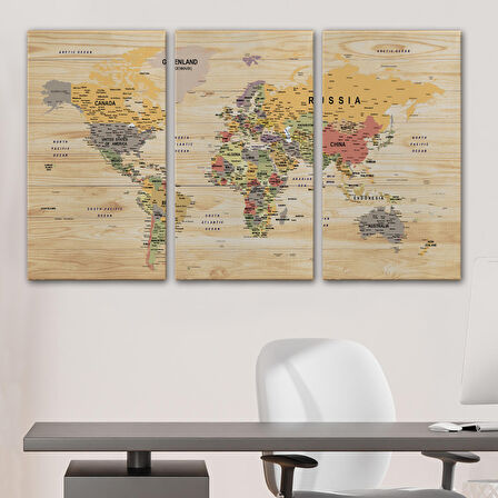 Harita Sepeti Ahşap Görünümlü Dünya Haritası Ayrıntılı ve Dekoratif Kanvas Tablo 1800