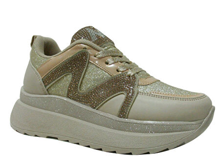 Miamarya Vizon Altın Camel Yüksek Topuklu Bağcıklı Sneakers Spor Ayakkabı
