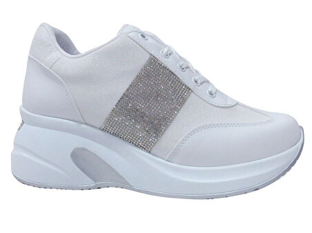 Modalendo Beyaz Gümüş Yüksek Topuklu Bağcıklı Sneakers Spor Ayakkabı