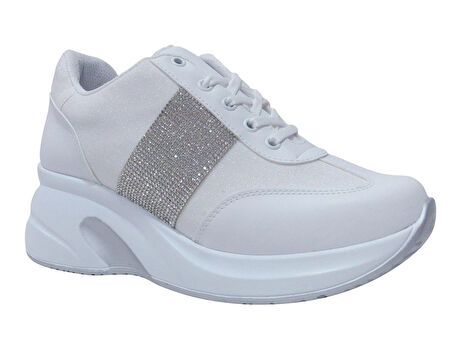 Modalendo Beyaz Gümüş Yüksek Topuklu Bağcıklı Sneakers Spor Ayakkabı