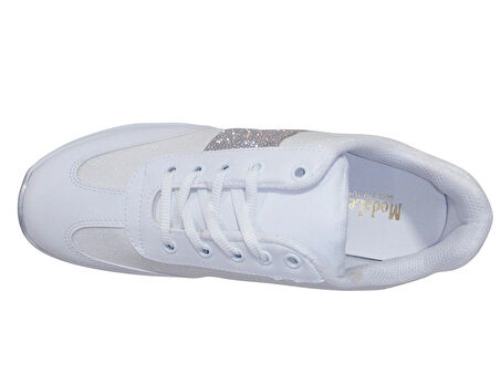 Modalendo Beyaz Gümüş Yüksek Topuklu Bağcıklı Sneakers Spor Ayakkabı