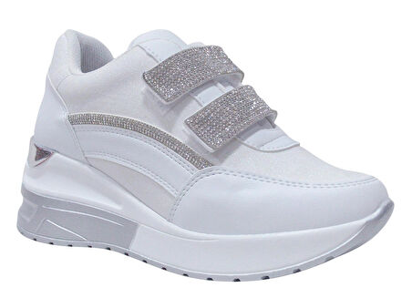 Modalendo Beyaz Gümüş Yüksek Topuklu Cırtlı Sneakers Spor Ayakkabı