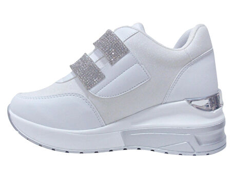 Modalendo Beyaz Gümüş Yüksek Topuklu Cırtlı Sneakers Spor Ayakkabı