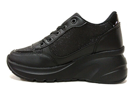 Modalendo Siyah Gümüş Yüksek Topuklu Bağcıklı Sneakers Spor Ayakkabı