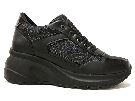 Modalendo Siyah Yüksek Topuklu Bağcıklı Sneakers Spor Ayakkabı