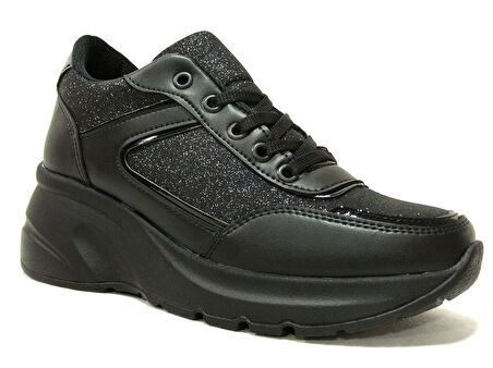 Modalendo Siyah Yüksek Topuklu Bağcıklı Sneakers Spor Ayakkabı