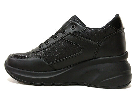 Modalendo Siyah Yüksek Topuklu Bağcıklı Sneakers Spor Ayakkabı