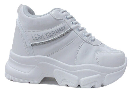 Flet Beyaz Gümüş Yüksek Topuklu Bağcıklı Sneakers Spor Ayakkabı