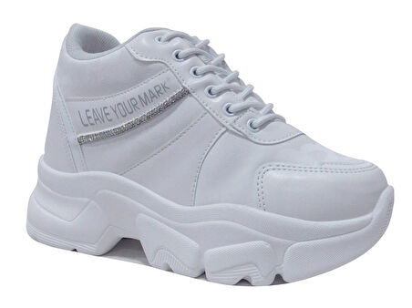 Flet Beyaz Gümüş Yüksek Topuklu Bağcıklı Sneakers Spor Ayakkabı
