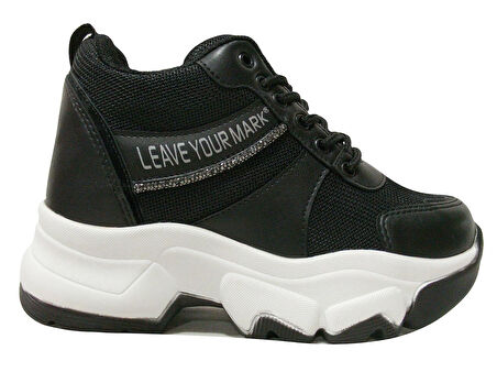 Flet Siyah Beyaz Yüksek Topuklu Bağcıklı Sneakers Spor Ayakkabı