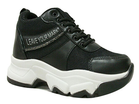 Flet Siyah Beyaz Yüksek Topuklu Bağcıklı Sneakers Spor Ayakkabı
