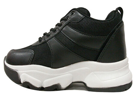 Flet Siyah Beyaz Yüksek Topuklu Bağcıklı Sneakers Spor Ayakkabı