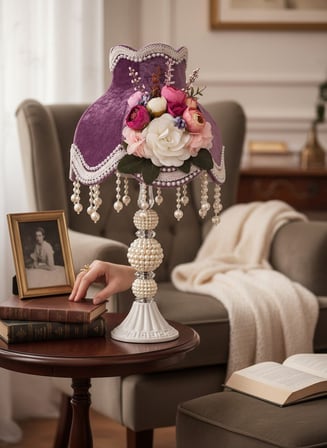 Mor Kadife Üzeri 3D Çiçek ve İnci Saçak Dekoratif İncili Ayak Klasik Vintage Model Abajur 50x30cm