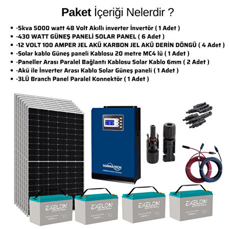 Teknovasyon Arge Güneş Enerjisi Bağ Evi Solar Paketi 5KVA İnverter 410W Güneş Paneli 100Ah Jel Akü