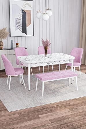 Rovena Leona Beyaz Mermer 80x132 Açılabilir Mdf Yemek Odası Takımı 4 Adet Sandalye + 1 Bench