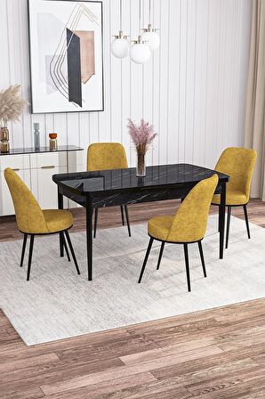 Rovena Leona Siyah Mermer 80x132 Açılabilir Mdf Yemek Odası Takımı 4 Adet Sandalye