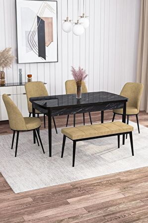 Rovena Leona Siyah Mermer 80x132 Açılabilir Mdf Yemek Odası Takımı 4 Adet Sandalye + 1 Bench
