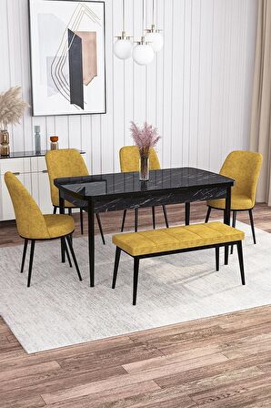 Rovena Leona Siyah Mermer 80x132 Açılabilir Mdf Yemek Odası Takımı 4 Adet Sandalye + 1 Bench