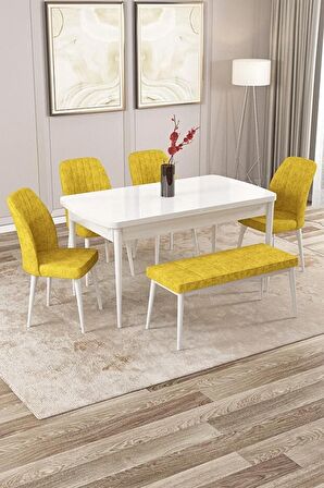 Rovena Zeta Beyaz 80x132 Açılabilir Mdf Yemek Odası Takımı 4 Adet Sandalye + 1 Bench