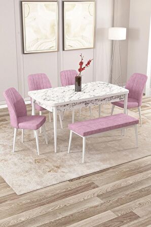 Rovena Zeta Beyaz Mermer 80x132 Açılabilir Mdf Yemek Odası Takımı 4 Adet Sandalye + 1 Bench