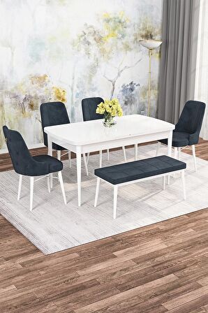 Rovena Mona Beyaz 80x132 Açılabilir Mdf Mutfak Masası Takımı 4 Adet Sandalye+1 Bench