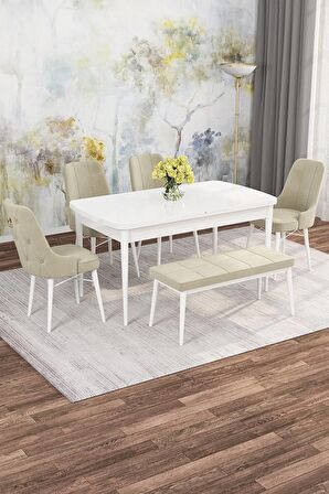 Rovena Mona Beyaz 80x132 Açılabilir Mdf Mutfak Masası Takımı 4 Adet Sandalye+1 Bench