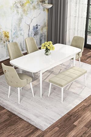 Rovena Mona Beyaz 80x132 Açılabilir Mdf Mutfak Masası Takımı 4 Adet Sandalye+1 Bench