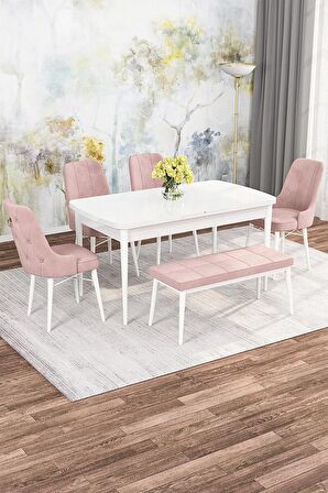 Rovena Mona Beyaz 80x132 Açılabilir Mdf Mutfak Masası Takımı 4 Adet Sandalye+1 Bench