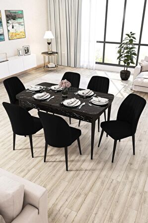 Rovena Zeta Siyah Mermer 80x132 Açılabilir Mdf Yemek Odası Takımı 6 Adet Sandalye