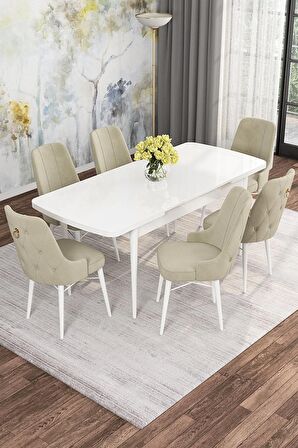 Rovena Mona Beyaz 80x132 Açılabilir Mdf Mutfak Masası Takımı 6 Adet Sandalye