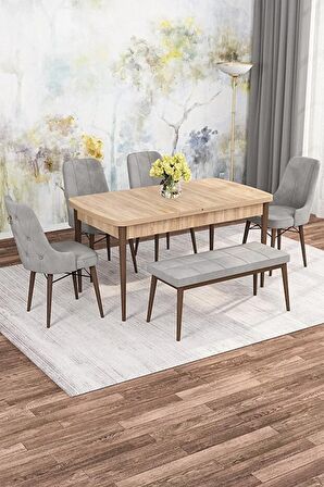 Rovena Mona Meşe 80x132 Açılabilir Mdf Mutfak Masası Takımı 4 Adet Sandalye+1 Bench