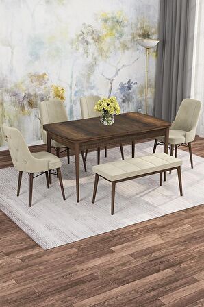Rovena Mona Barok 80x132 Açılabilir Mdf Mutfak Masası Takımı 4 Adet Sandalye+1 Bench