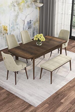 Rovena Mona Barok 80x132 Açılabilir Mdf Mutfak Masası Takımı 4 Adet Sandalye+1 Bench