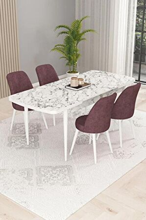 Rovena Kaf Beyaz Mermer 80x132 Açılabilir Suntalam Yemek Odası Takımı 4 Adet Sandalye