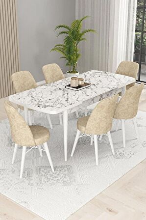 Rovena Kaf Beyaz Mermer 80x132 Açılabilir Suntalam Yemek Odası Takımı 6 Adet Sandalye