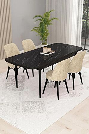 Rovena Kaf Siyah Mermer 80x132 Açılabilir Suntalam Yemek Odası Takımı 4 Adet Sandalye