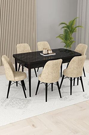 Rovena Kaf Siyah Mermer 80x132 Açılabilir Suntalam Yemek Odası Takımı 6 Adet Sandalye