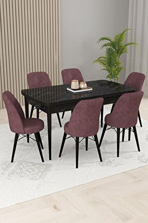 Rovena Kaf Siyah Mermer 80x132 Açılabilir Suntalam Yemek Odası Takımı 6 Adet Sandalye
