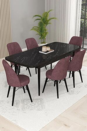 Rovena Kaf Siyah Mermer 80x132 Açılabilir Suntalam Yemek Odası Takımı 6 Adet Sandalye