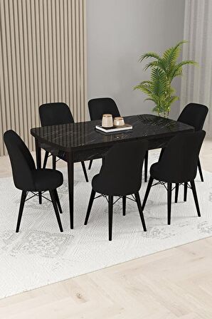 Rovena Kaf Siyah Mermer 80x132 Açılabilir Suntalam Yemek Odası Takımı 6 Adet Sandalye