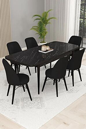 Rovena Kaf Siyah Mermer 80x132 Açılabilir Suntalam Yemek Odası Takımı 6 Adet Sandalye